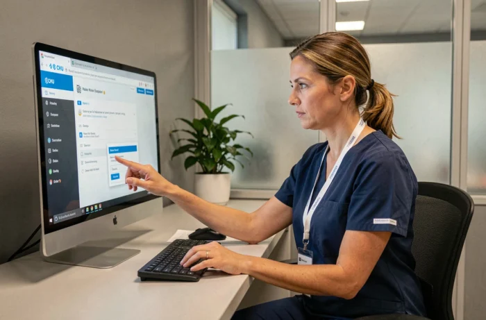 Agent hospitalier du CHU Montpellier accédant à sa messagerie sécurisée depuis un poste informatique administratif