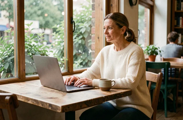 Femme actrice travaillant sur un ordinateur portable dans un café rustique avec une tasse de café, ambiance créative détendue