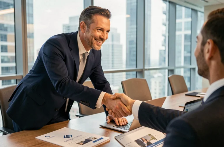 Agent commercial en costume marine serrant la main d'un client lors d'une réunion professionnelle dans une salle de conférence moderne