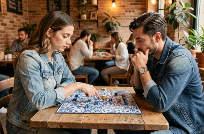 Deux amis jouant à Azul dans un café, examinant le plateau de jeu avec des tuiles aux motifs azulejós lors d'une partie stratégique
