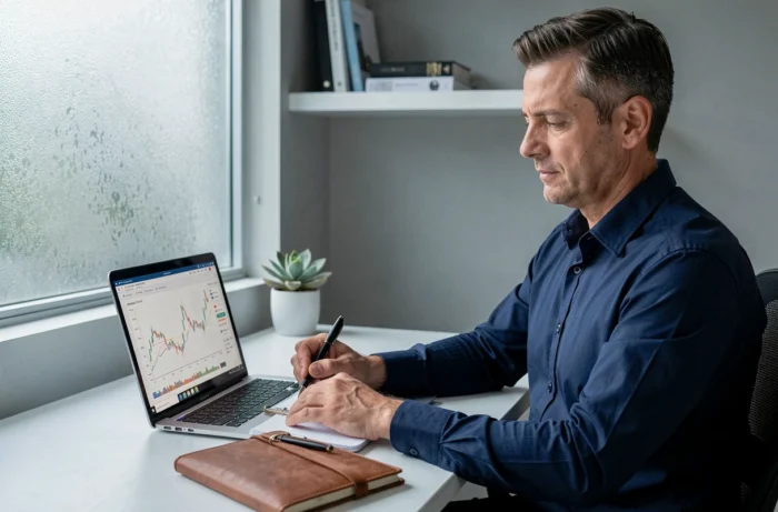 Homme en chemise marine analysant des graphiques financiers sur un ordinateur portable dans un bureau à domicile minimaliste