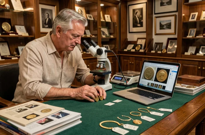 Antiquaire comparant des poinçons sur des pièces d'or étrangères à l'aide d'un microscope numérique dans une boutique d'antiquités