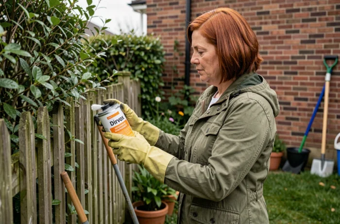 Femme avec des gants de protection utilisant un produit Dirvox en toute sécurité dans un jardin résidentiel