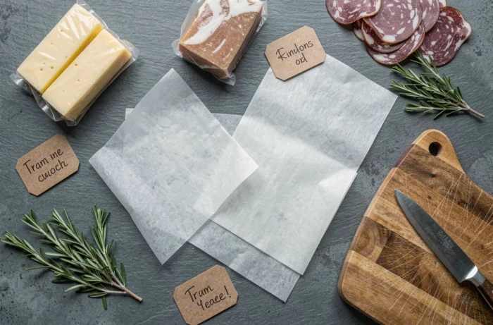Vue de dessus d'un assortiment de papier paraffiné alimentaire avec fromages et charcuterie sur plan de travail ardoise