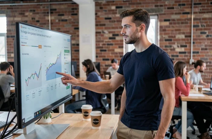 Jeune auto-entrepreneur analysant ses statistiques web dans un espace de co-working moderne, entouré d'autres professionnels indépendants