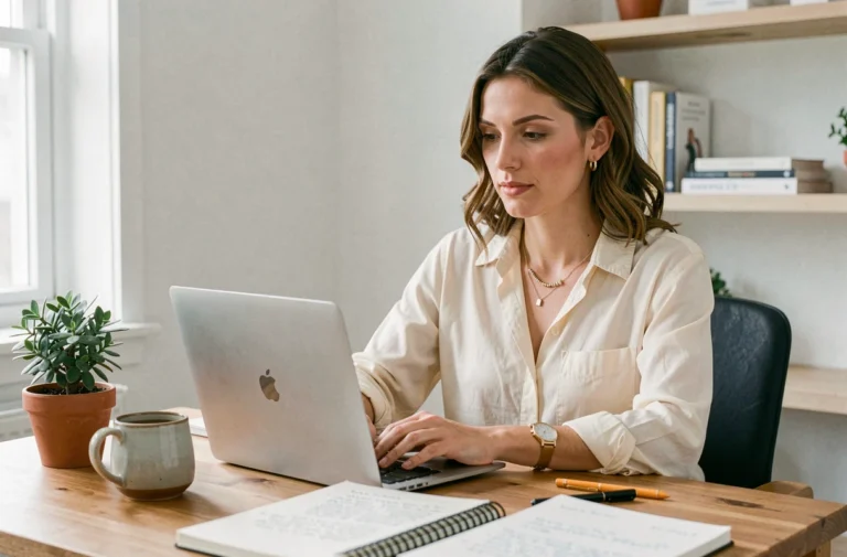 Auto-entrepreneuse travaillant sur son ordinateur portable dans un bureau à domicile moderne, illustrant le télétravail et l'entrepreneuriat web