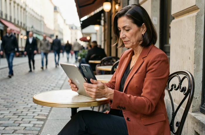 Femme auto-entrepreneuse travaillant en mobilité depuis une terrasse de café en ville, utilisant tablette et smartphone pour gérer son activité en ligne
