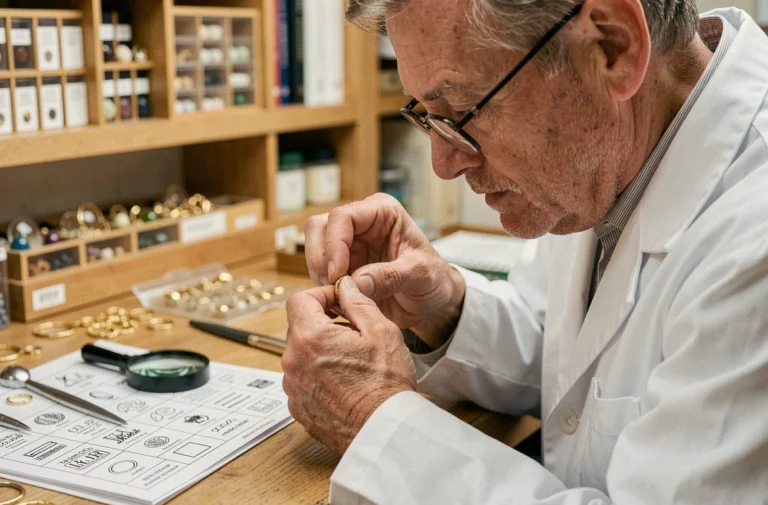 Bijoutier expert examinant un poinçon sur une bague en or avec une loupe de joaillier dans un atelier professionnel