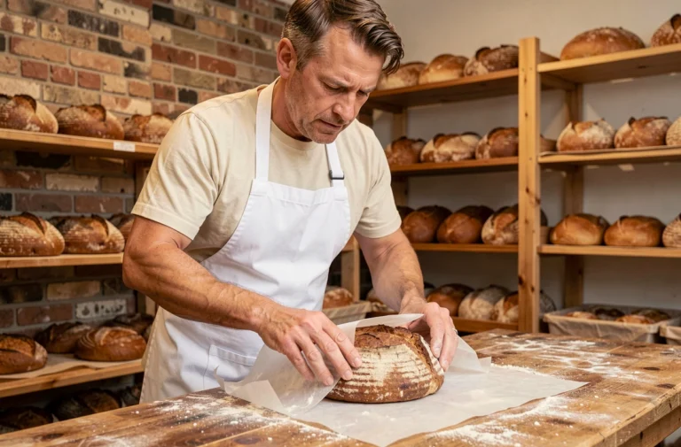 Boulanger emballant un pain artisanal dans du papier paraffiné alimentaire sur un comptoir en bois fariné