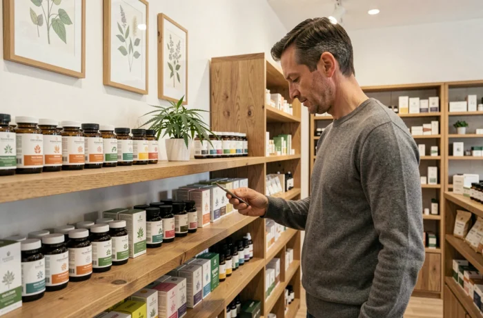 Homme explorant une sélection de produits CBD dans une boutique française contemporaine