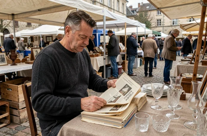 Homme consultant des catalogues originaux de la cristallerie de Portieux sur un stand de brocante française entouré de pièces en verre anciennes