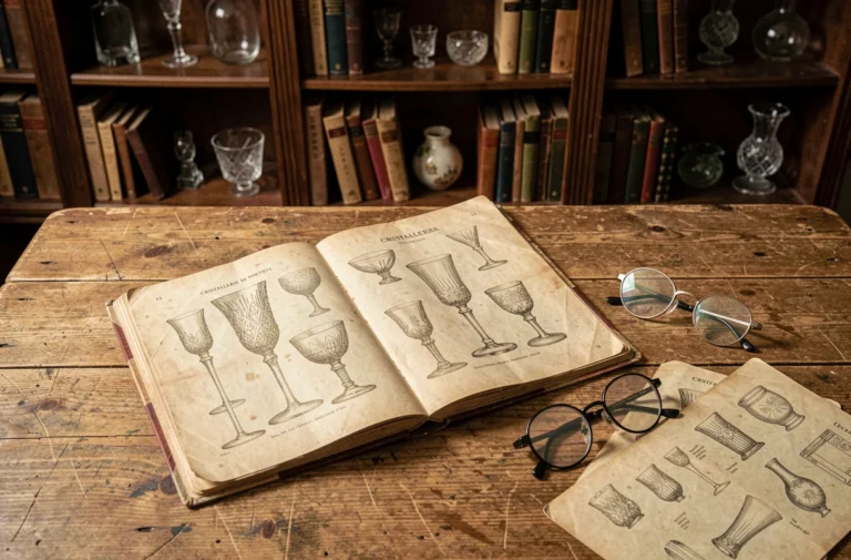 Catalogue ancien de la cristallerie de Portieux ouvert sur une table en chêne avec des lunettes vintage et des pages jaunies illustrées de verreries en cristal