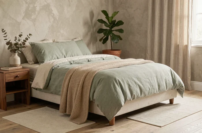 Chambre cocooning avec linge de lit en coton bio vert sauge, mur à la chaux et plante verte en pot terracotta