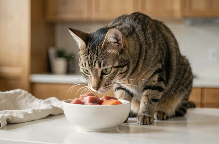 Chat tabby adulte reniflant un bol de thon frais et saumon dans une cuisine, aliments favoris des chats