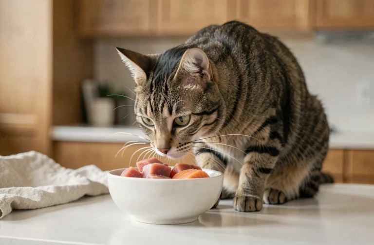 Chat tabby adulte reniflant un bol de thon frais et saumon dans une cuisine, aliments favoris des chats