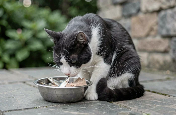 Chat noir et blanc mangeant des sardines et de la pâtée dans un bol en inox sur une terrasse en pierre