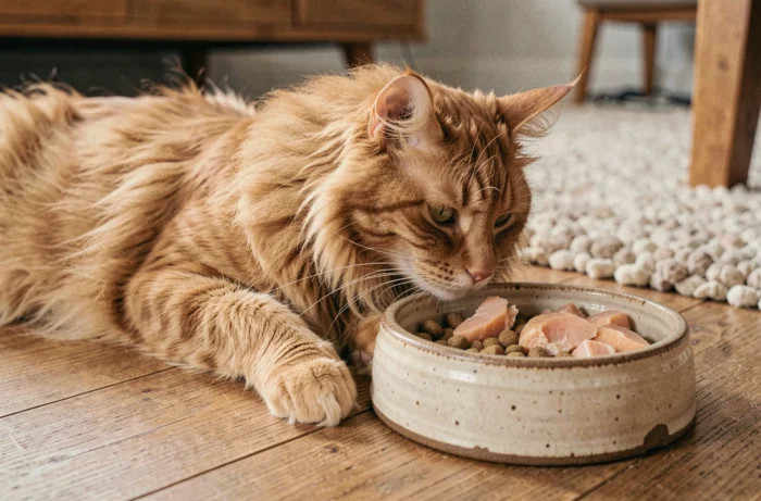 Chat roux à poils longs allongé près d'un bol de poulet et croquettes sur un plancher en bois