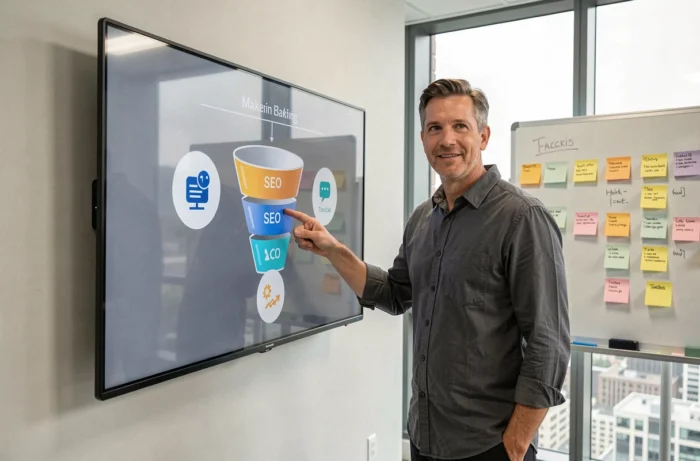 Chef d'entreprise présentant une stratégie de marketing digital devant un écran interactif dans un bureau moderne