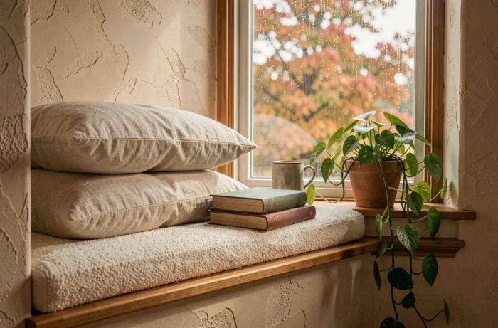 Coin lecture douillet avec banquette en boucle crème, livres empilés et plante en pot dans une alcôve de fenêtre aux teintes automnales