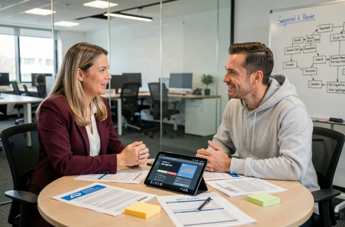 Deux professionnels du marketing collaborant sur un audit de référencement naturel en salle de réunion
