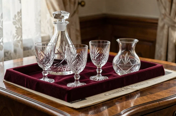 Ensemble de pièces en cristal de Portieux incluant carafe et coupes gravées disposées sur un plateau en velours bordeaux avec un ancien catalogue