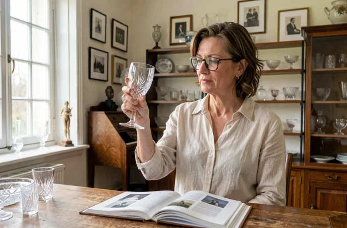 Collectionneuse examinant un verre en cristal de Portieux en consultant le catalogue dans un bureau de collection orné d'objets en verre