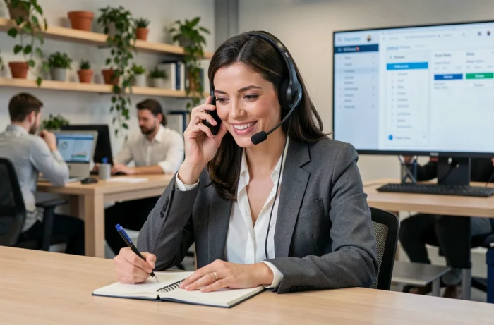 Agente commerciale concentrée au téléphone avec un client, prenant des notes dans un espace de travail collaboratif moderne