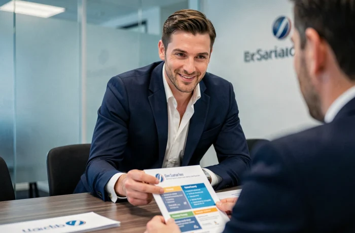 Conseiller bancaire expliquant les différents types de crédit à un client lors d'un rendez-vous en agence