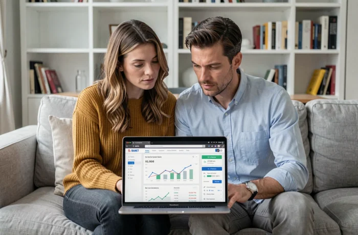 Couple consultant un comparatif en ligne sur leur ordinateur pour choisir entre le PEL Quadreto et le PEL classique à la Caisse d'Épargne