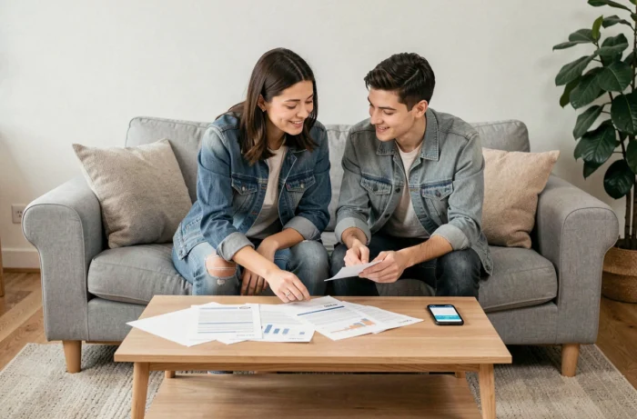 Couple planifiant ensemble leurs finances personnelles et leur épargne avec des documents et une application bancaire sur un canapé dans un intérieur scandinave