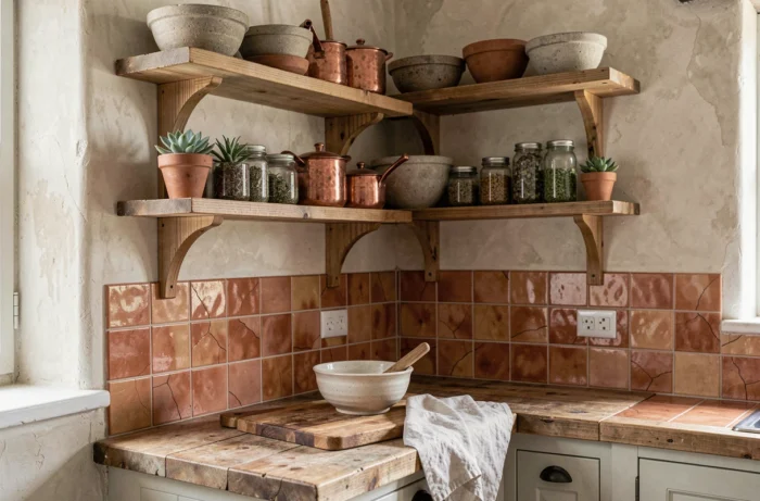 Coin cuisine campagne française avec étagères en bois, poteries en grès, pots en cuivre et carrelage terracotta artisanal