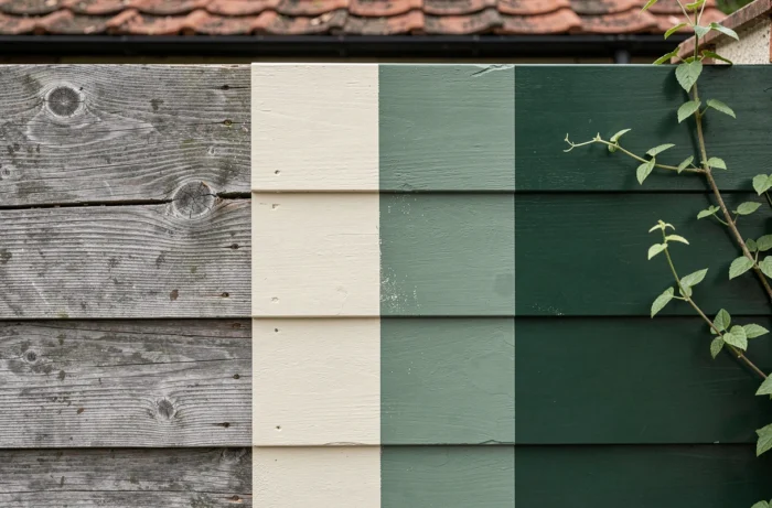 Détail d'un bardage en bois extérieur montrant les trois étapes de préparation et de peinture côte à côte, de bois brut à finition verte satiné