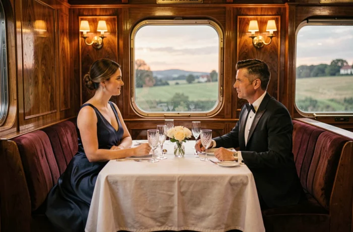 Couple élégant dînant dans un compartiment de l'Orient-Express aux boiseries art déco et nappes blanches immaculées