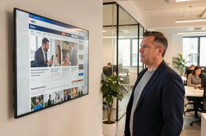 Directeur de publication présentant les nouvelles fonctionnalités et mises à jour du site Verita Press sur écran numérique