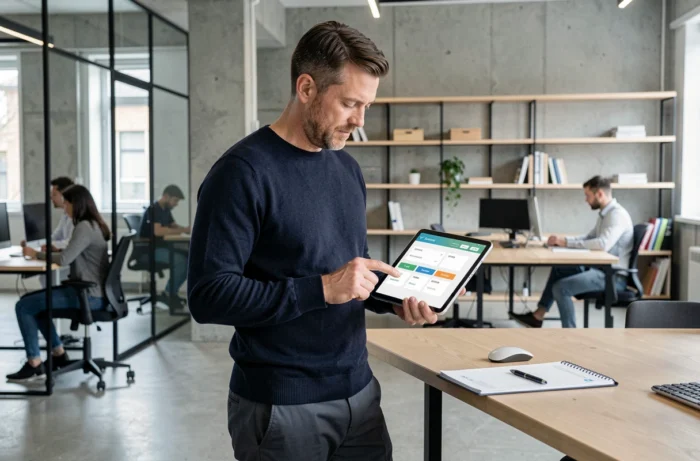 Entrepreneur indépendant comparant des outils et services dans un espace de coworking moderne