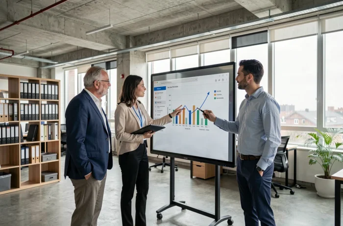 Équipe commerciale diverse analysant des résultats de ventes sur un écran de présentation dans un bureau moderne