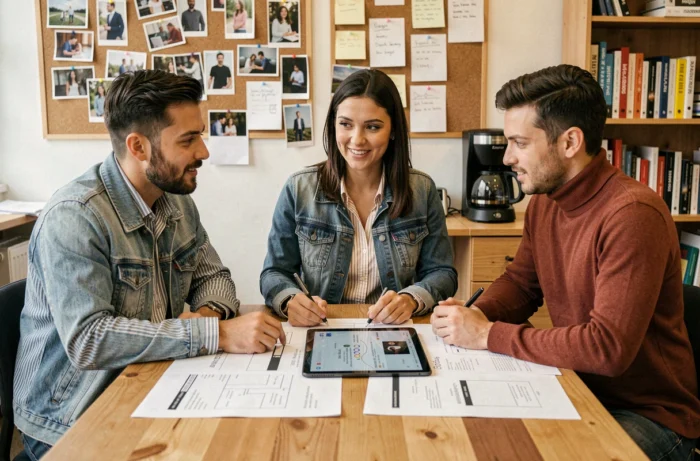 Équipe de professionnels collaborant sur une stratégie de référencement web et de visibilité en ligne dans un bureau de startup