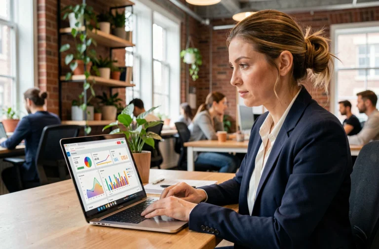 Femme professionnelle analysant des statistiques de visibilité web sur un ordinateur portable dans un espace de coworking moderne