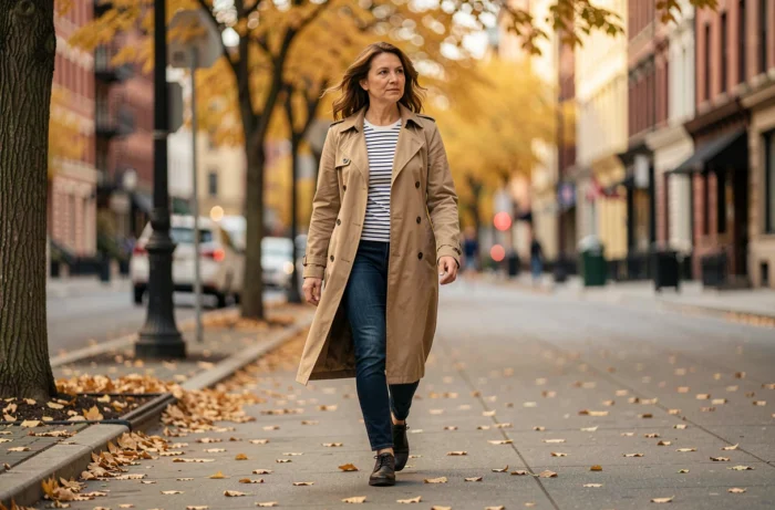 Femme célèbre en trench coat marchant sur un trottoir parisien en automne parmi les feuilles dorées