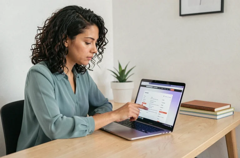 Femme consultant le plan de site Caro Bleue Violette sur son ordinateur portable dans un bureau minimaliste