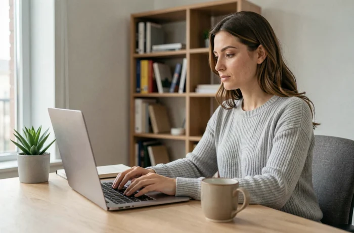 Femme contactant un service client en ligne depuis son bureau à domicile via un ordinateur portable