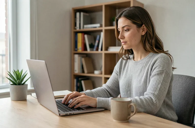 Femme contactant un service client en ligne depuis son bureau à domicile via un ordinateur portable