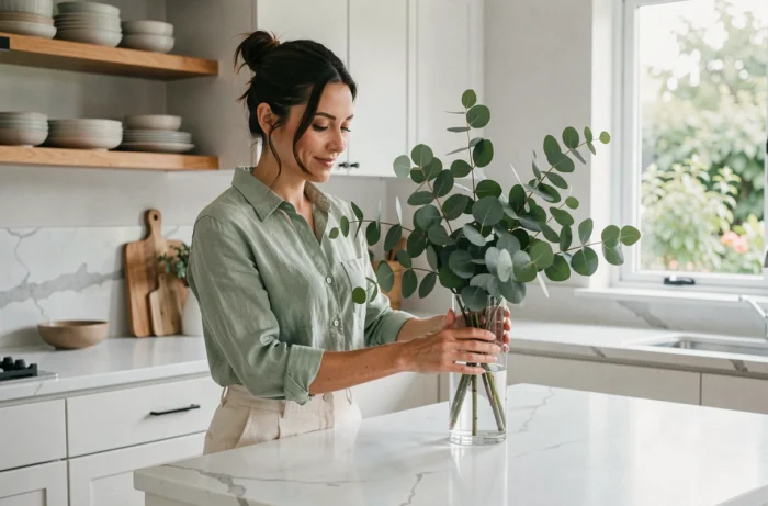 Femme arrangeant des branches d'eucalyptus dans une cuisine blanche au plan de travail en marbre, décoration naturelle et apaisante