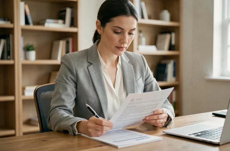 Femme consultant des documents de crédit à son bureau à domicile, stylo en main, dans un cadre professionnel et moderne