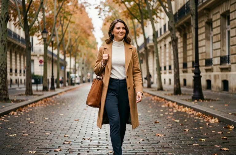 Femme élégante en manteau camel marchant dans une rue parisienne en automne, exemple de style intemporel et tendance