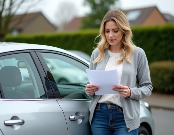 Femme vérifiant une checklist d'entretien automobile à côté de sa voiture dans un parking