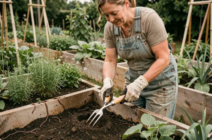 Femme jardinant avec une grelinette dans un potager naturel aux légumes verdoyants
