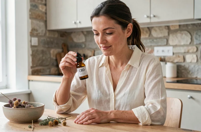 Femme tenant un flacon d'huile de CBD dans une cuisine française moderne, ambiance bien-être naturelle