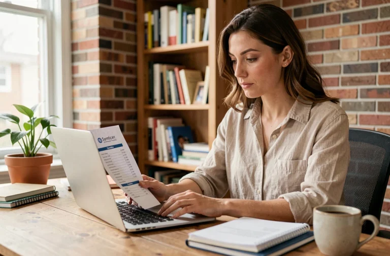 Femme indépendante en train de comparer des services professionnels sur son bureau à domicile