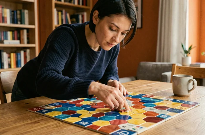 Femme jouant à Azul en ligne, plaçant une tuile hexagonale colorée sur le plateau de jeu lors d'une partie à domicile